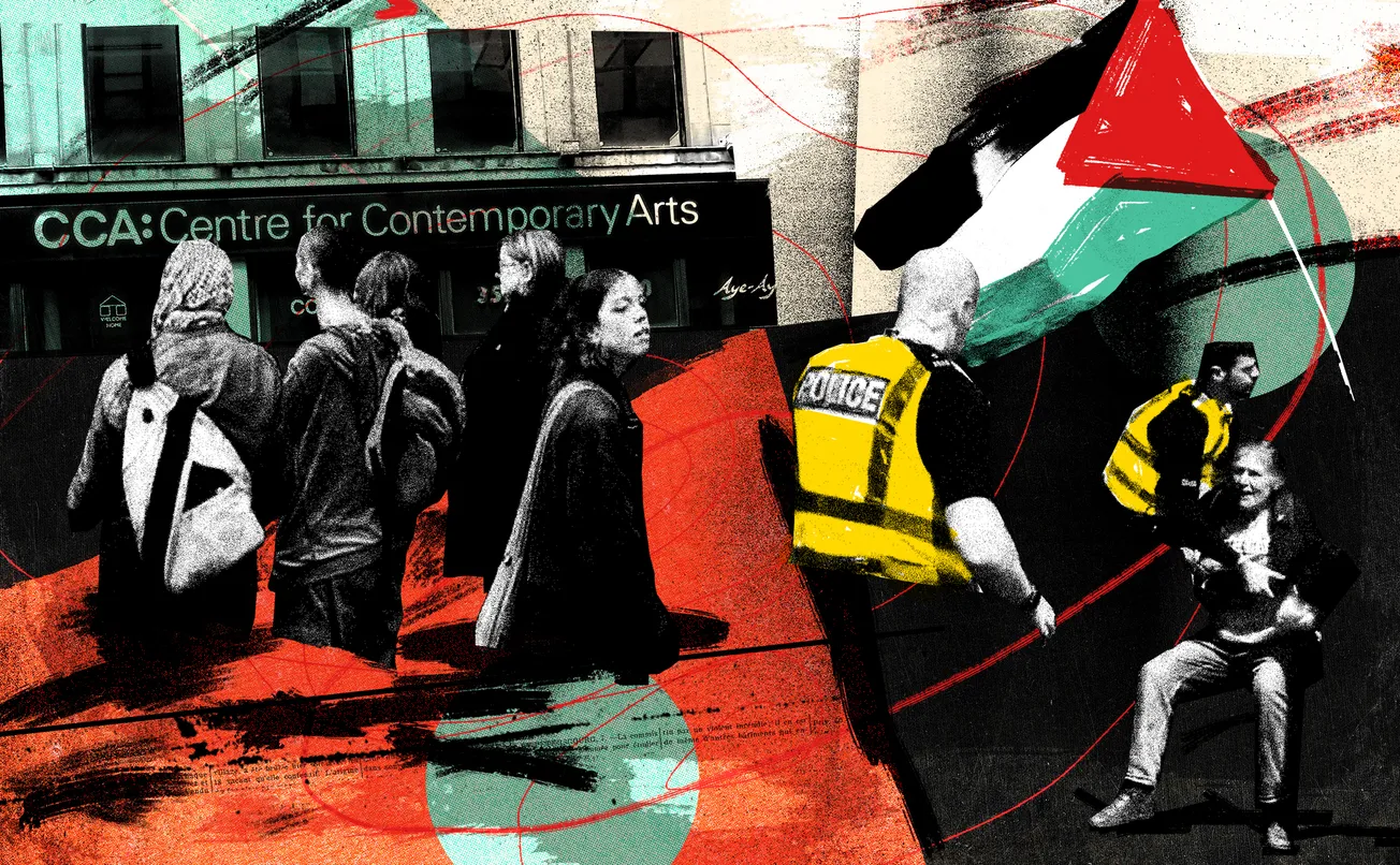 A composite image of protestors outside the Centre for Contemporary Arts in Glasgow alongside a woman who is being arrested. There is a Palestine flag in the background.